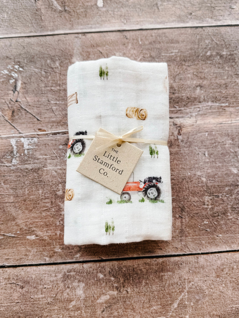 Tractor muslin blanket Farm and country baby gifts The Little