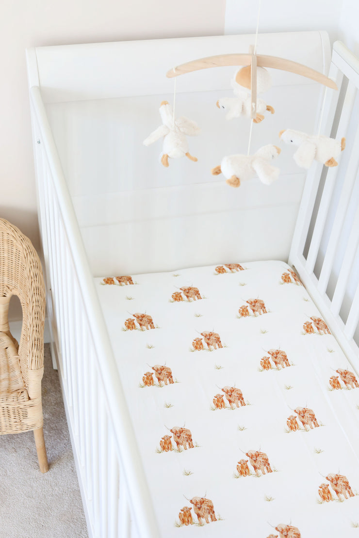 Highland cow cot bed sheet (organic cotton)