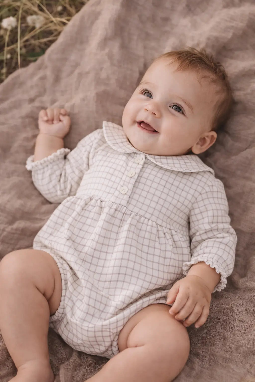 Isla Country Tattersall Girl’s Romper in Blue/Pink check