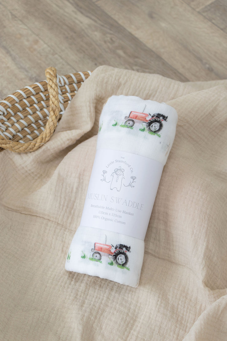 Vintage Tractor Muslin Swaddle Blanket