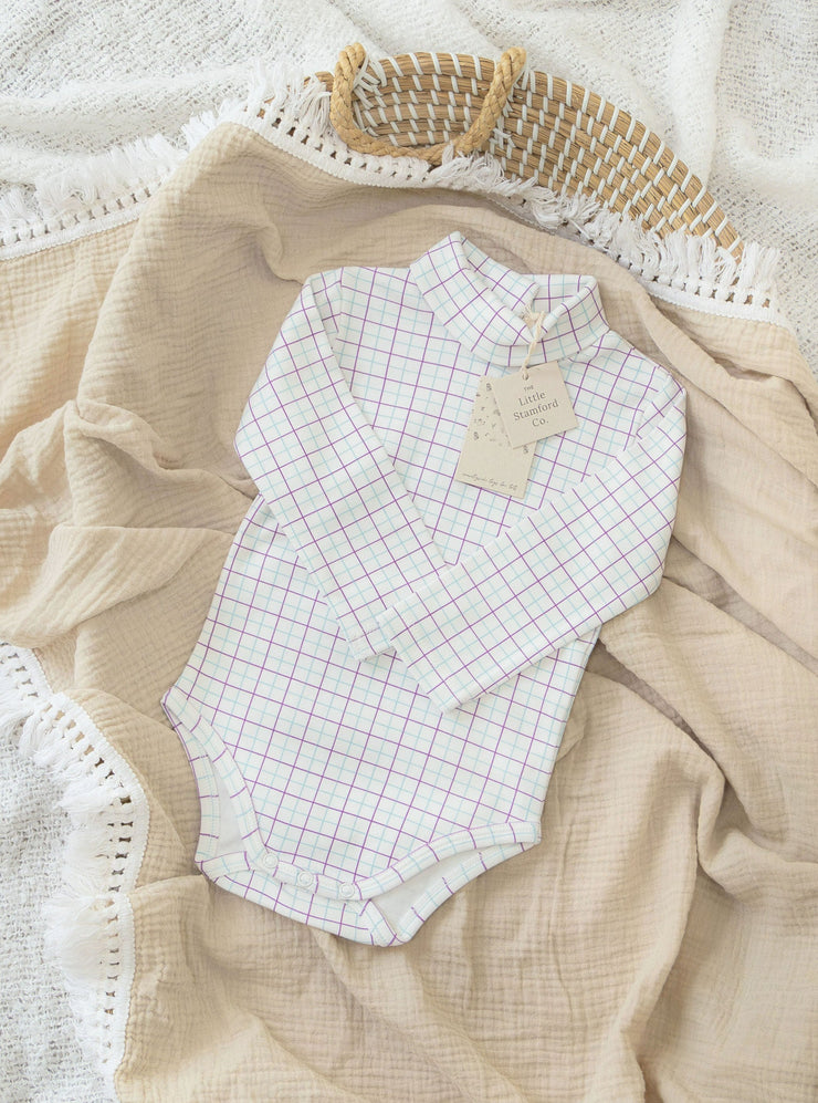 Tattersall Roll Neck Body Suit - Purple (size 0-3 only)
