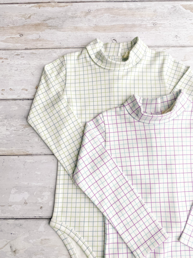 Tattersall Check Roll Neck Body Suit - Grey / Green